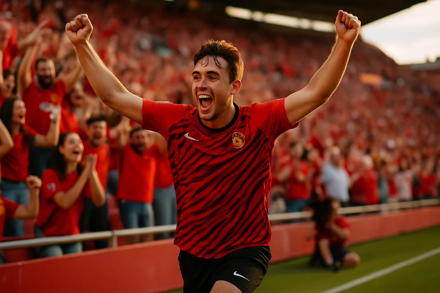 韋達特·穆里奇絕殺進球後狂奔慶祝，背景是瘋狂的馬洛卡球迷