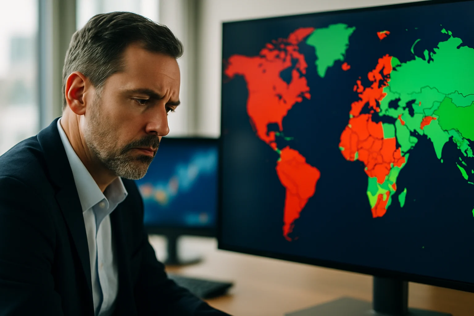 Global map showing stock market performance with red indicators in most regions during Iran crisis