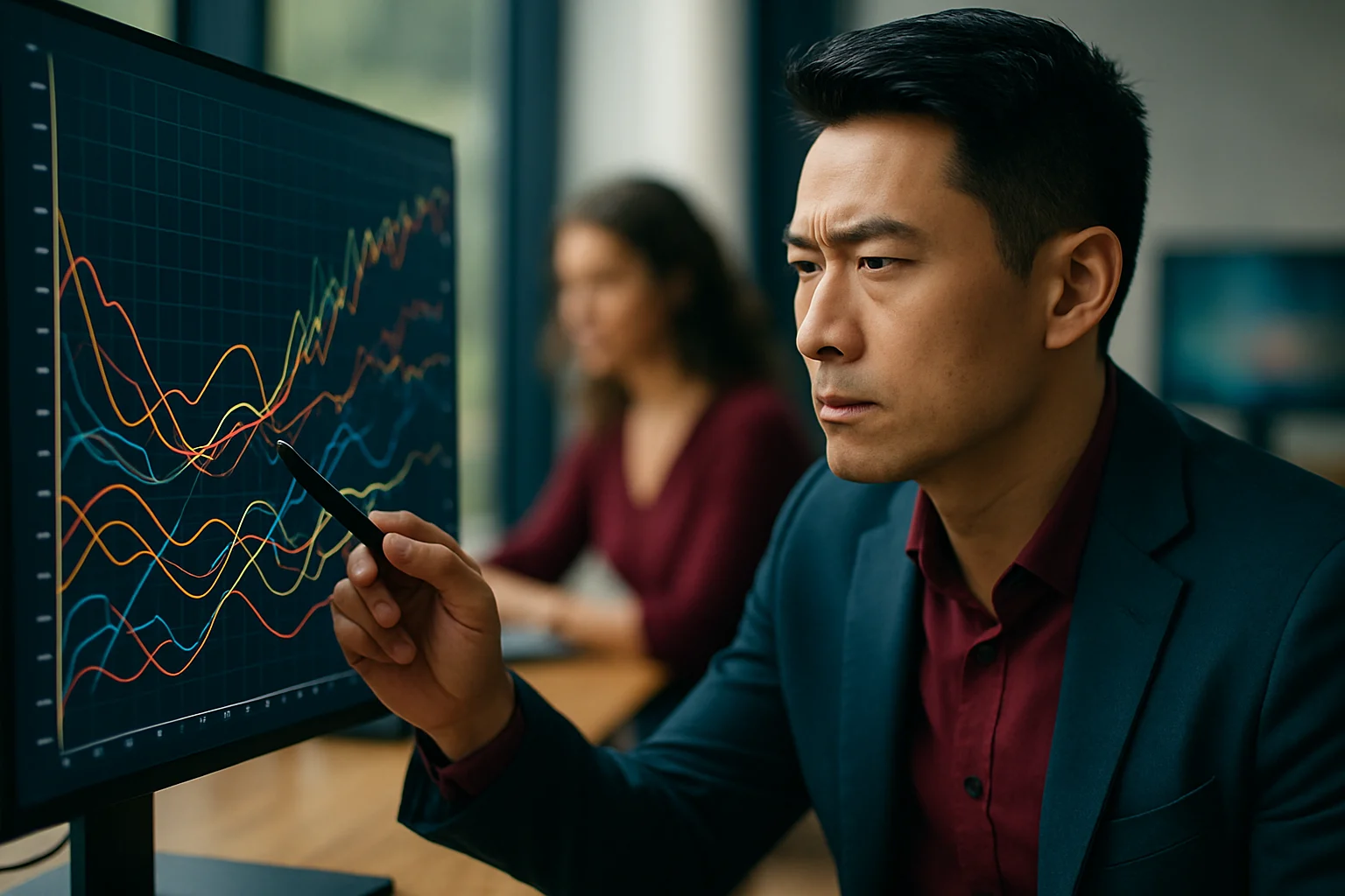 Biểu đồ kinh tế phức tạp với nhiều đường cong và chỉ số trên màn hình máy tính của nhà phân tích tài chính