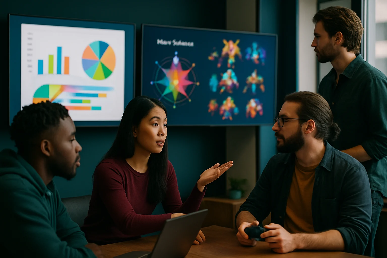 Riot Games 設計團隊在辦公室討論英雄平衡性調整數據報告的會議畫面