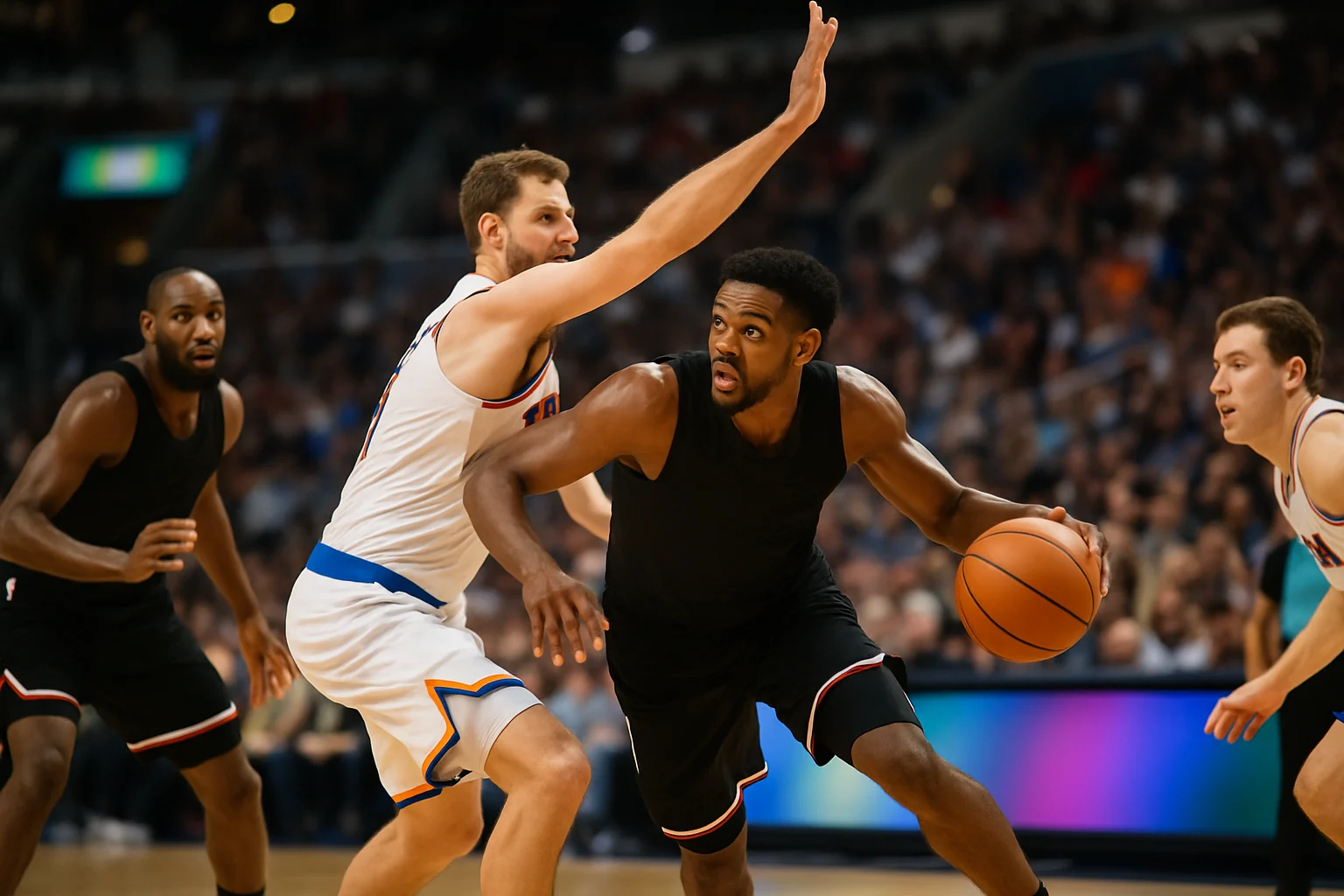 球迷使用筆記本和平板電腦分析NBA比賽戰術,背景是球場