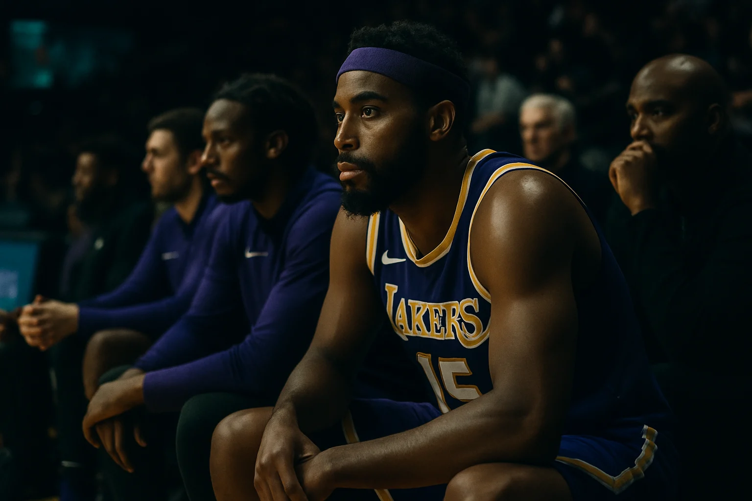 Bronny James 穿著 Lakers 球衣在 NBA 季後賽場邊準備上場的畫面