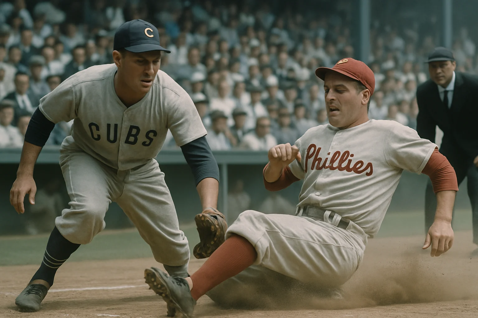 Vintage baseball photograph showing Cubs and Phillies players from historic matchup at Wrigley Field