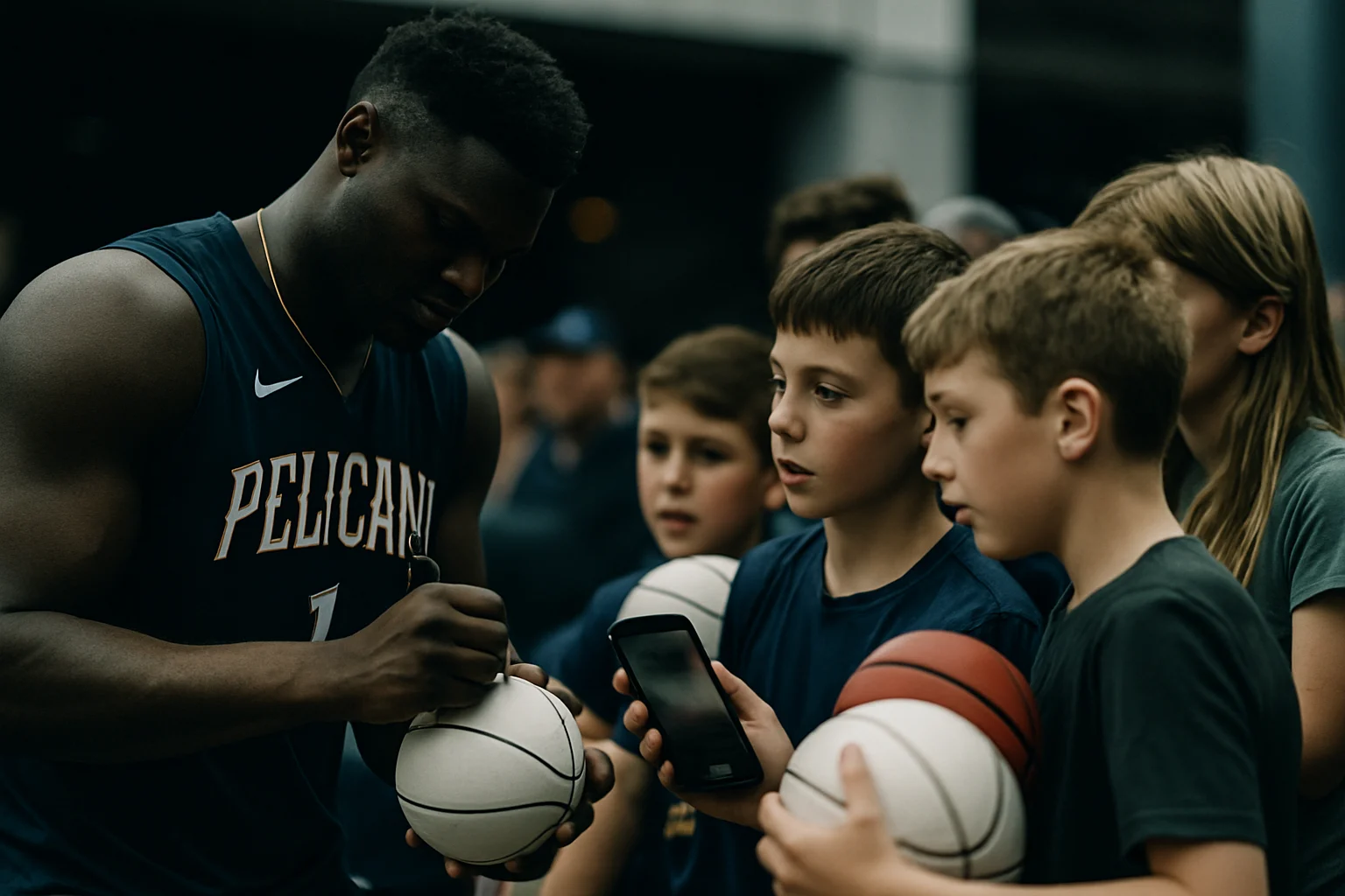 Zion Williamson signing autographs for young fans outside New Orleans Pelicans arena with Jordan brand merchandise visible