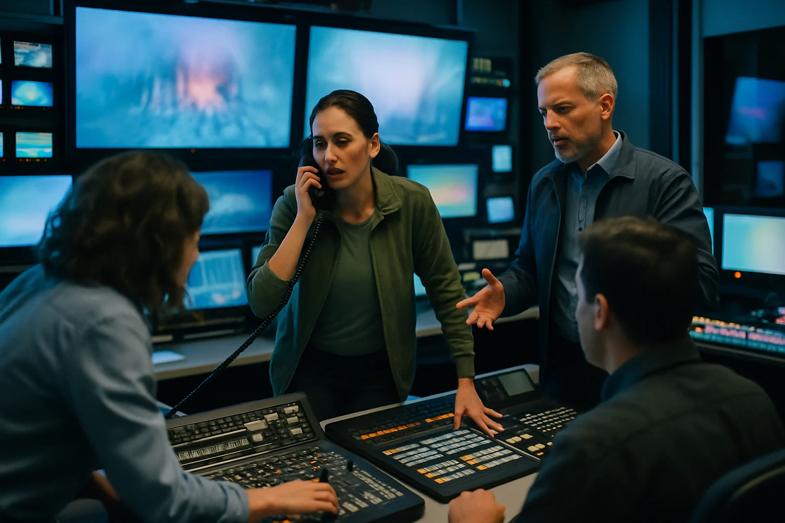 日本电视台导播室工作人员在地震预警信号发出时协调紧急播报的工作场景