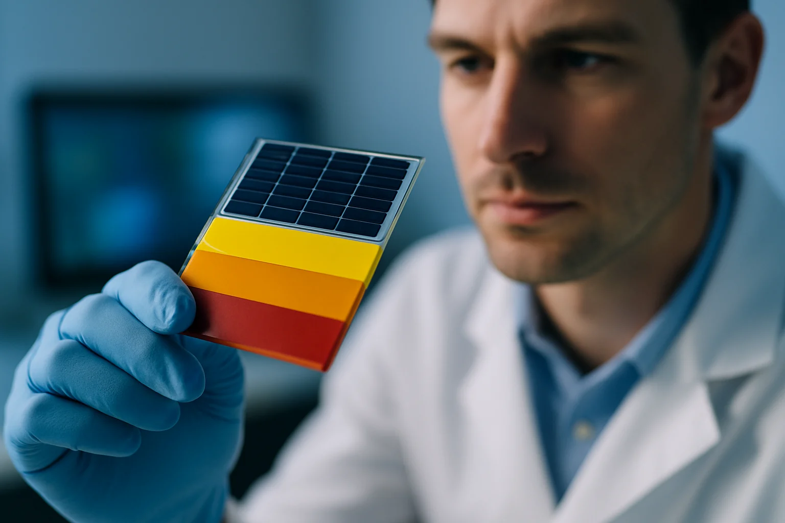Close-up view of perovskite solar cell structure showing layered materials capturing different light wavelengths