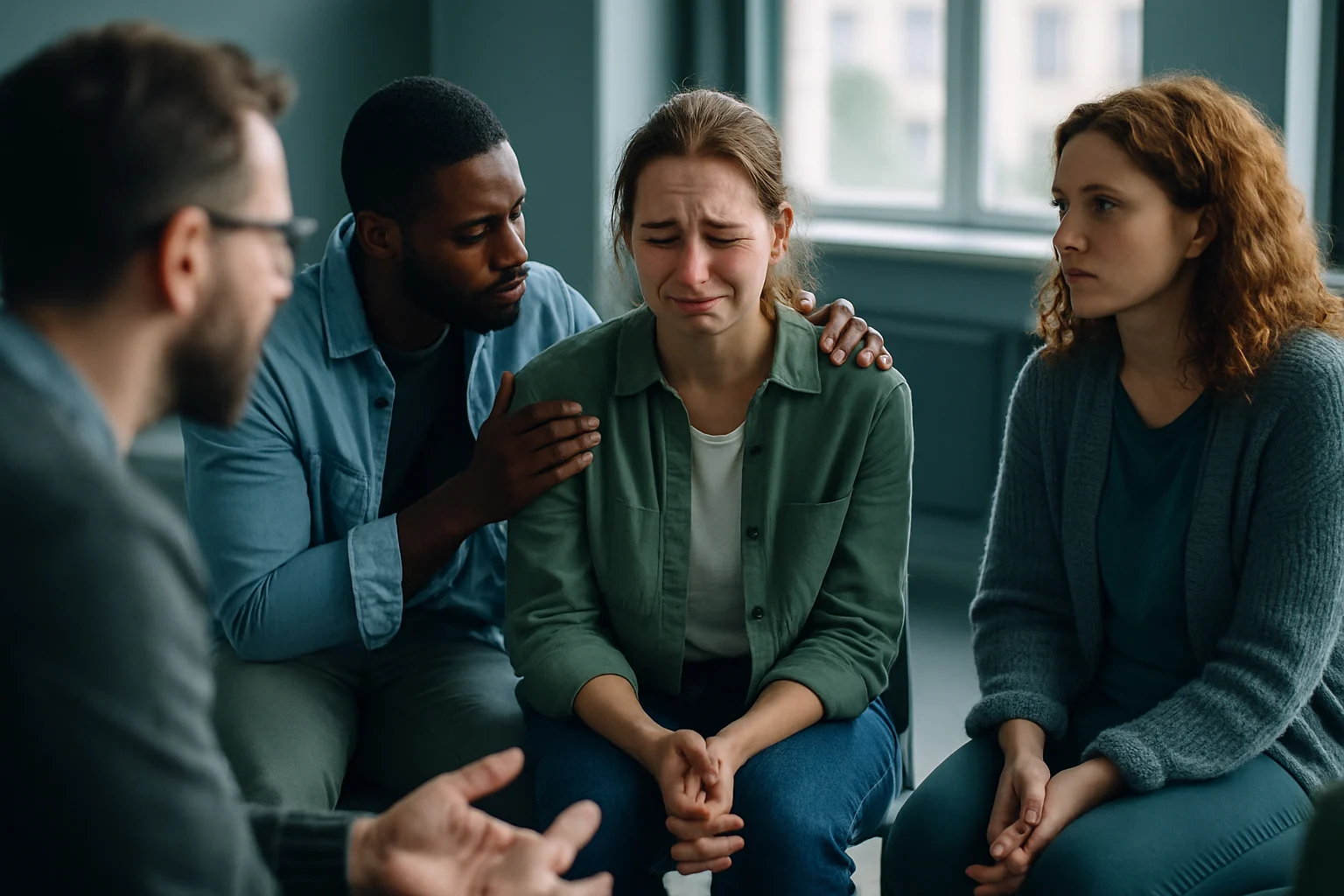 Support group session for survivors of religious cult abuse and trauma recovery