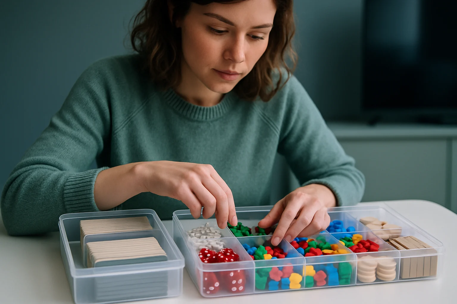 桌遊收納整理的示範照片,各種桌遊分類擺放在收納箱中