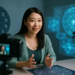 唐綺陽在錄影棚中進行星座運勢直播的專業場景