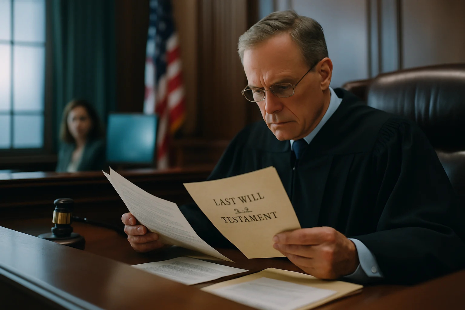 法院审判庭内景,法官正在审阅遗嘱相关证据文件