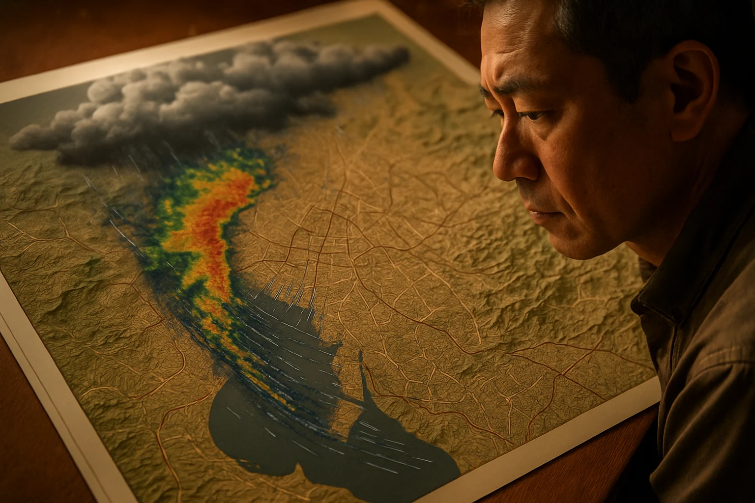 名古屋市内の地形と雨雲の関係を示すマップ、伊勢湾からの湿った空気の流れ