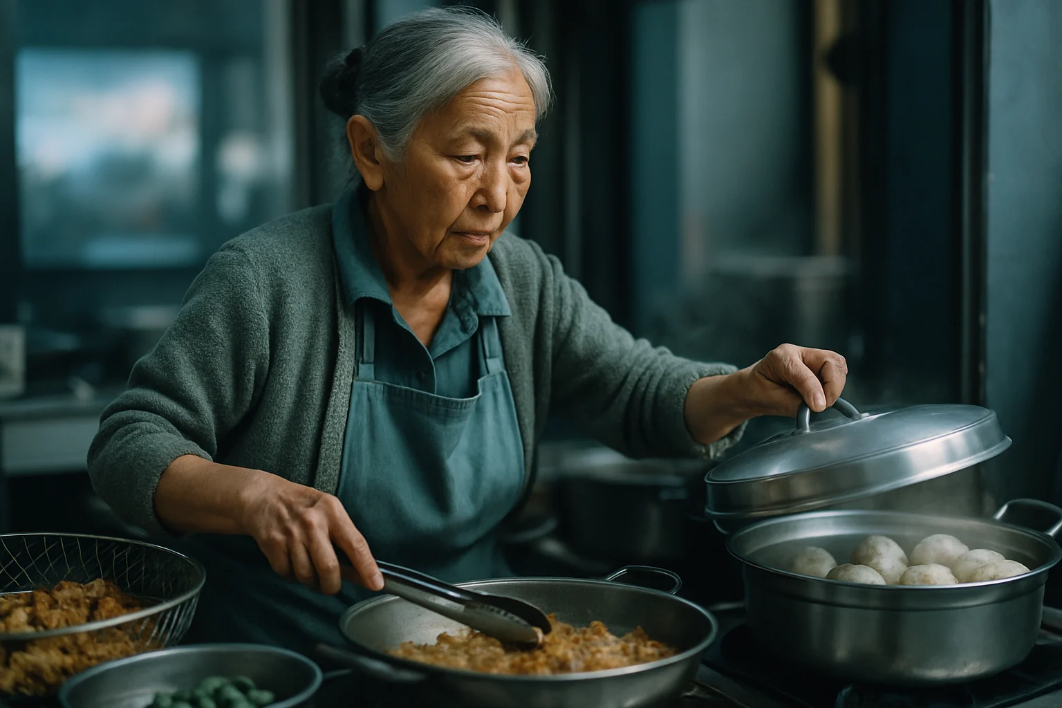 邵宝玲在包子铺后厨忙碌制作包子的场景