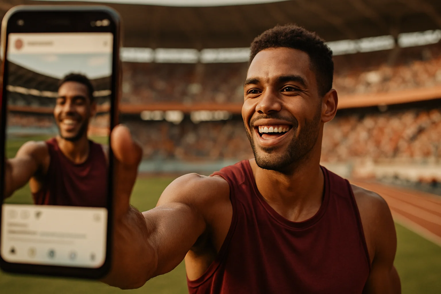年輕運動員拿著手機自拍,背景是嘉義市立體育場,螢幕上顯示 Instagram 介面