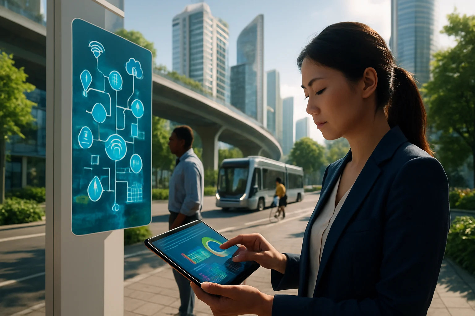 Concept art của thành phố thông minh với các cảm biến sinh trắc học tích hợp vào cơ sở hạ tầng, hiển thị luồng dữ liệu kết nối