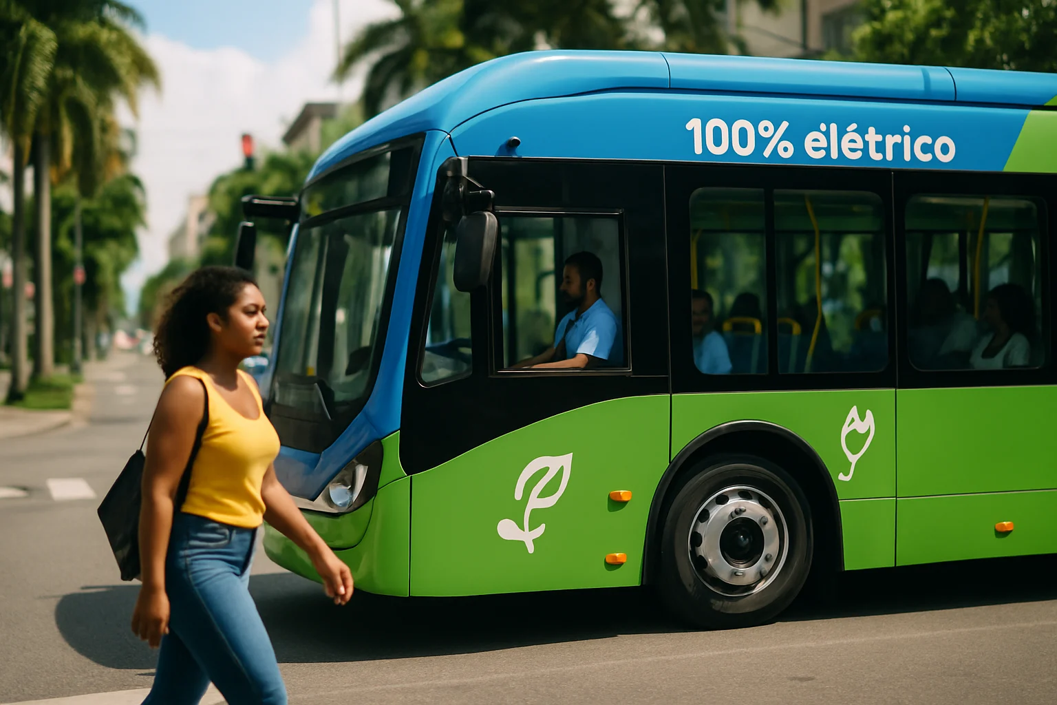 比亚迪电动大巴在巴西城市街道上行驶的场景