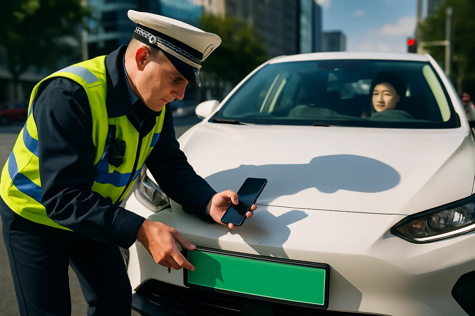 交警检查新能源汽车车牌颜色是否合规