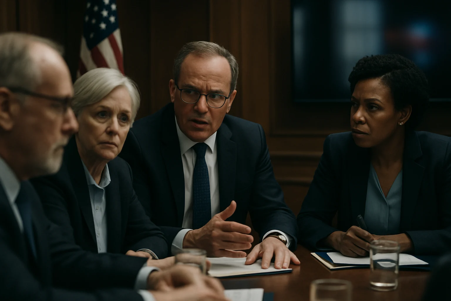 基层干部会议讨论场景,体现推动容错纠错机制落地的制度建设方向