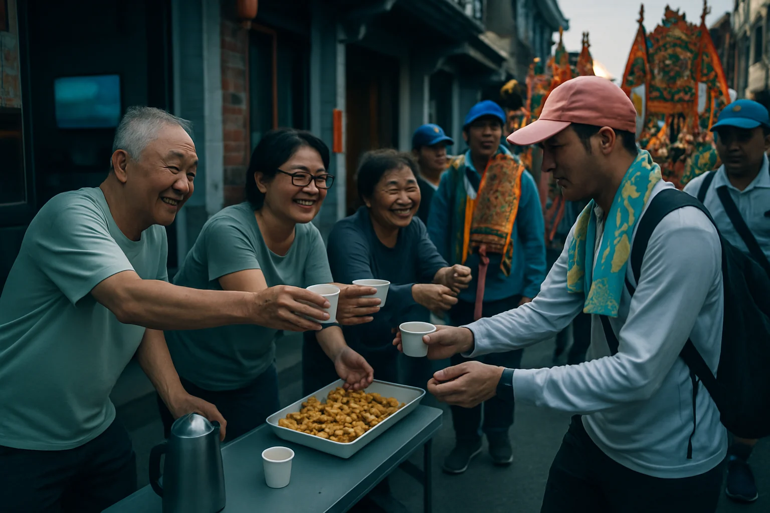 沿途民眾準備茶水點心犒軍香燈腳的溫馨場面