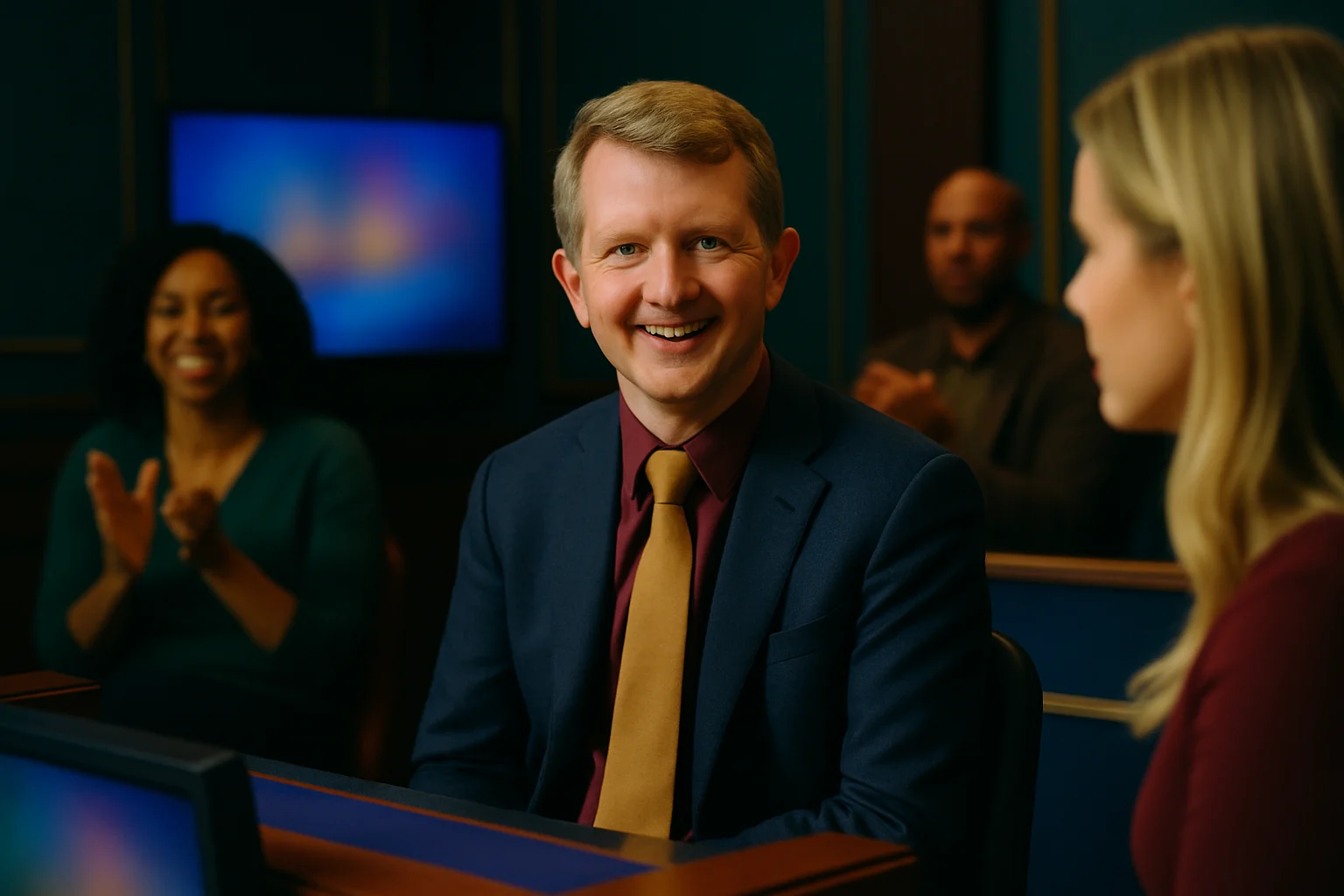Ken Jennings smiling confidently on the Jeopardy! set
