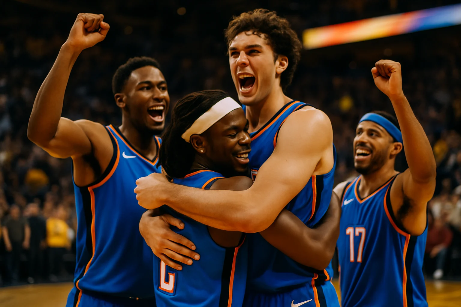 雷霆隊球員在季後賽比賽中慶祝勝利的場面