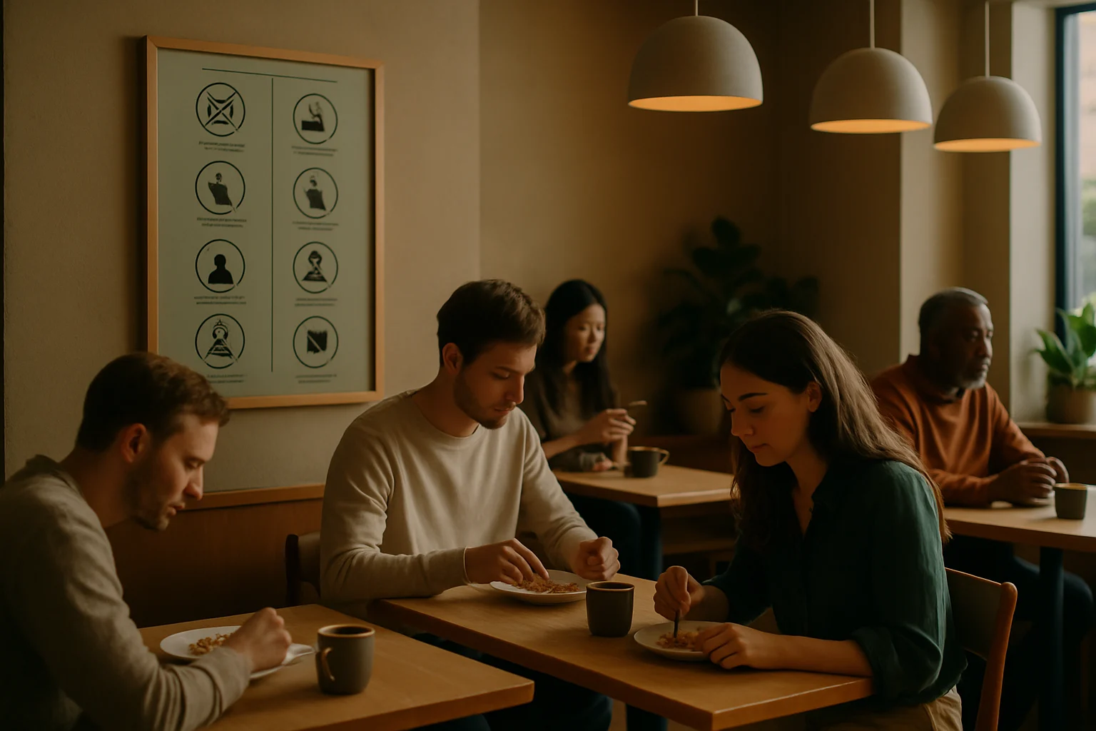 现代咖啡店内顾客文明用餐的和谐场景