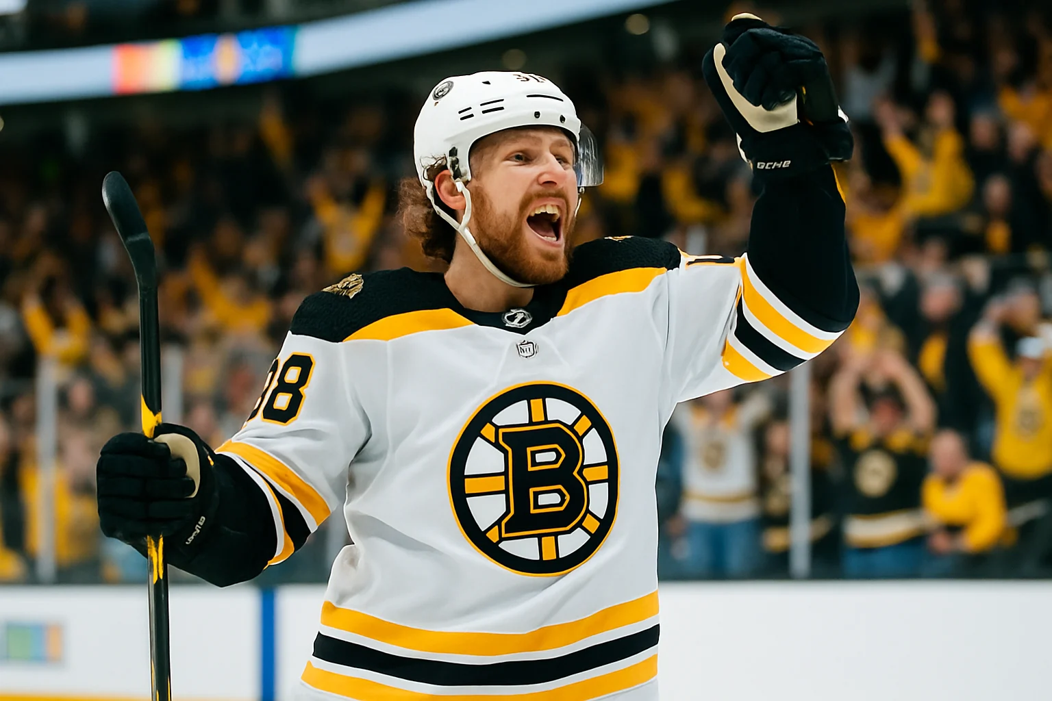 David Pastrnak celebrating his power play goal during Bruins comeback against Blue Jackets