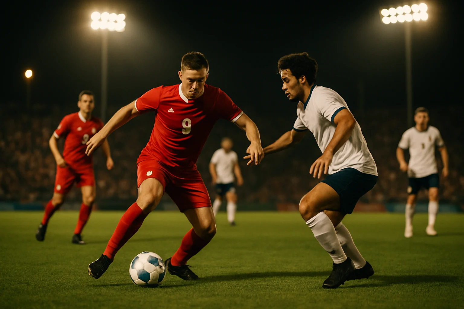 Soccer players compete for the ball at night under floodlights; a red player wearing number 9 shields the ball from a white-team defender.