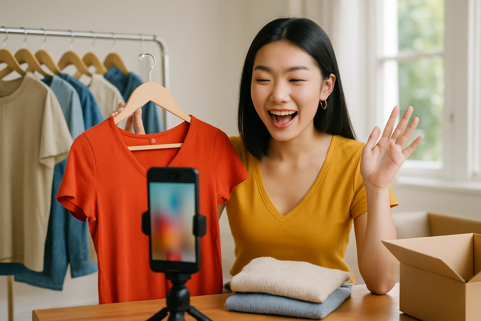 Một influencer trẻ đang livestream bán hàng trên điện thoại với nhiều sản phẩm được trưng bày xung quanh