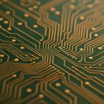 PCB電路板上的銅箔導線結構特寫，展現精密的電路圖形與導電路徑