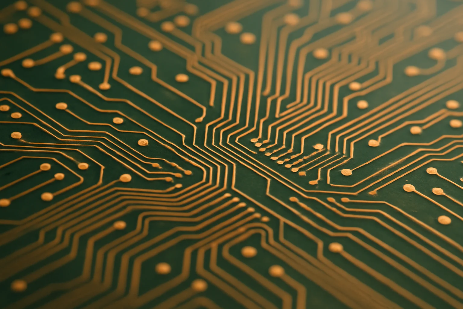 PCB電路板上的銅箔導線結構特寫，展現精密的電路圖形與導電路徑