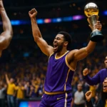 詹姆斯在加密貨幣網體育館帶領湖人隊慶祝勝利