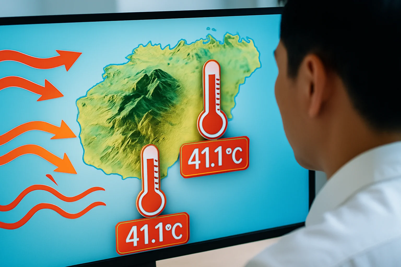 海南岛地形图显示五指山脉对气流的阻挡效应示意图