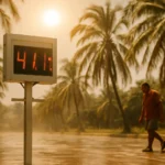 海南澄迈县气象站显示41.1℃高温纪录的温度计特写