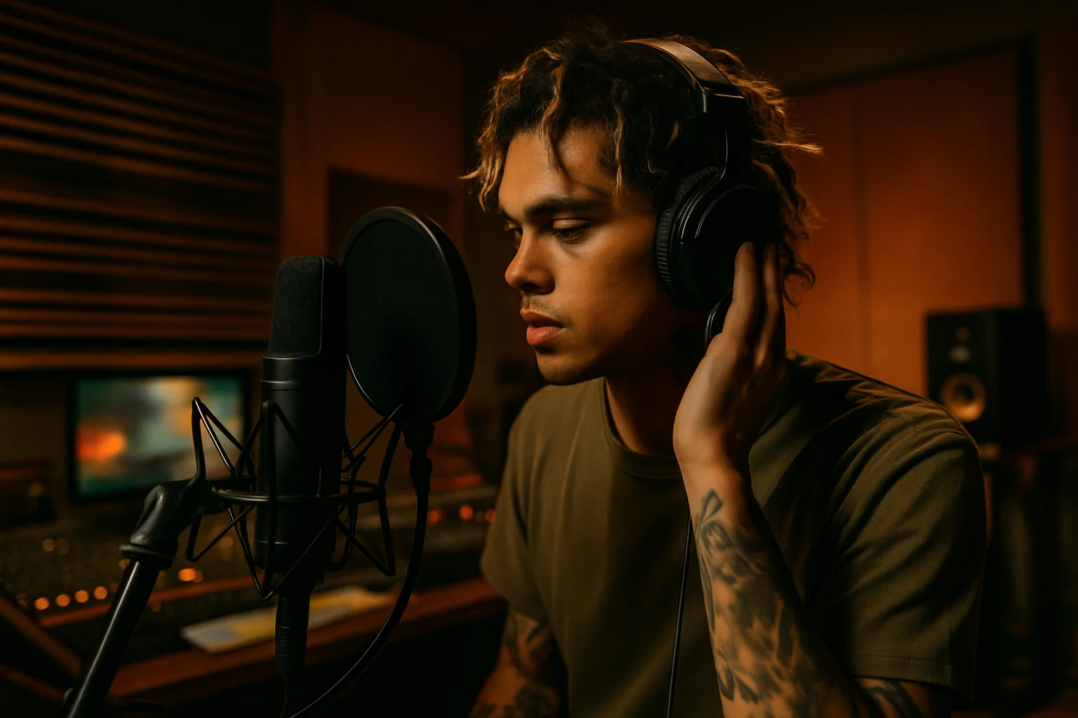 Dominic Fike in recording studio wearing headphones and adjusting mixing board controls