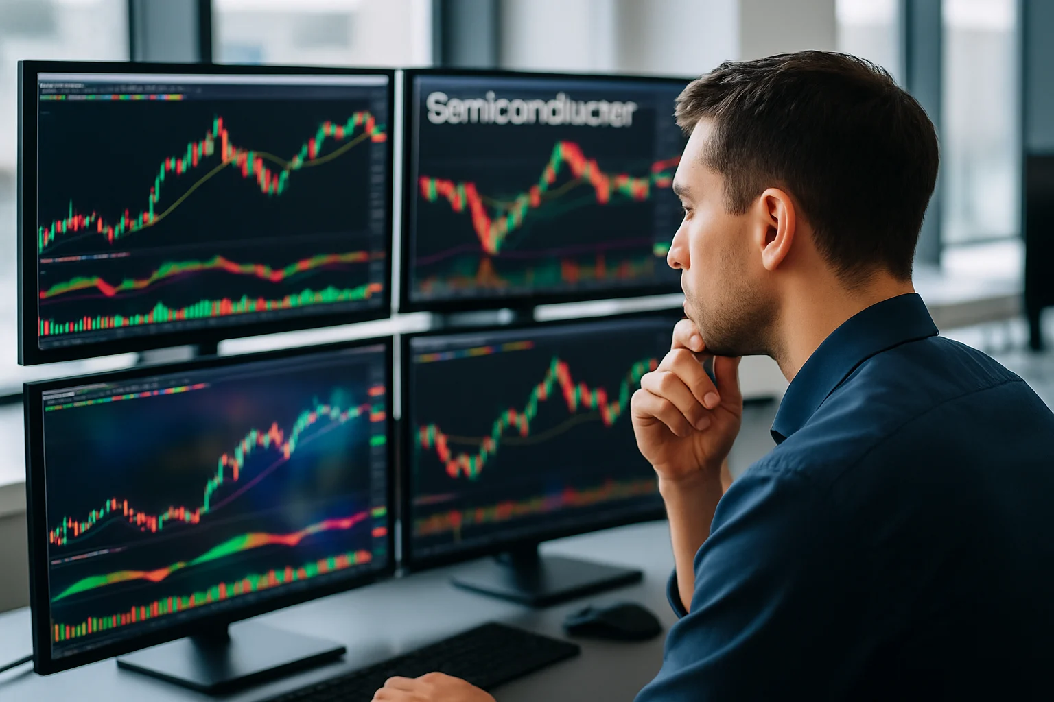 複数のモニターに表示された半導体関連指標とチャートを分析するトレーダーの様子