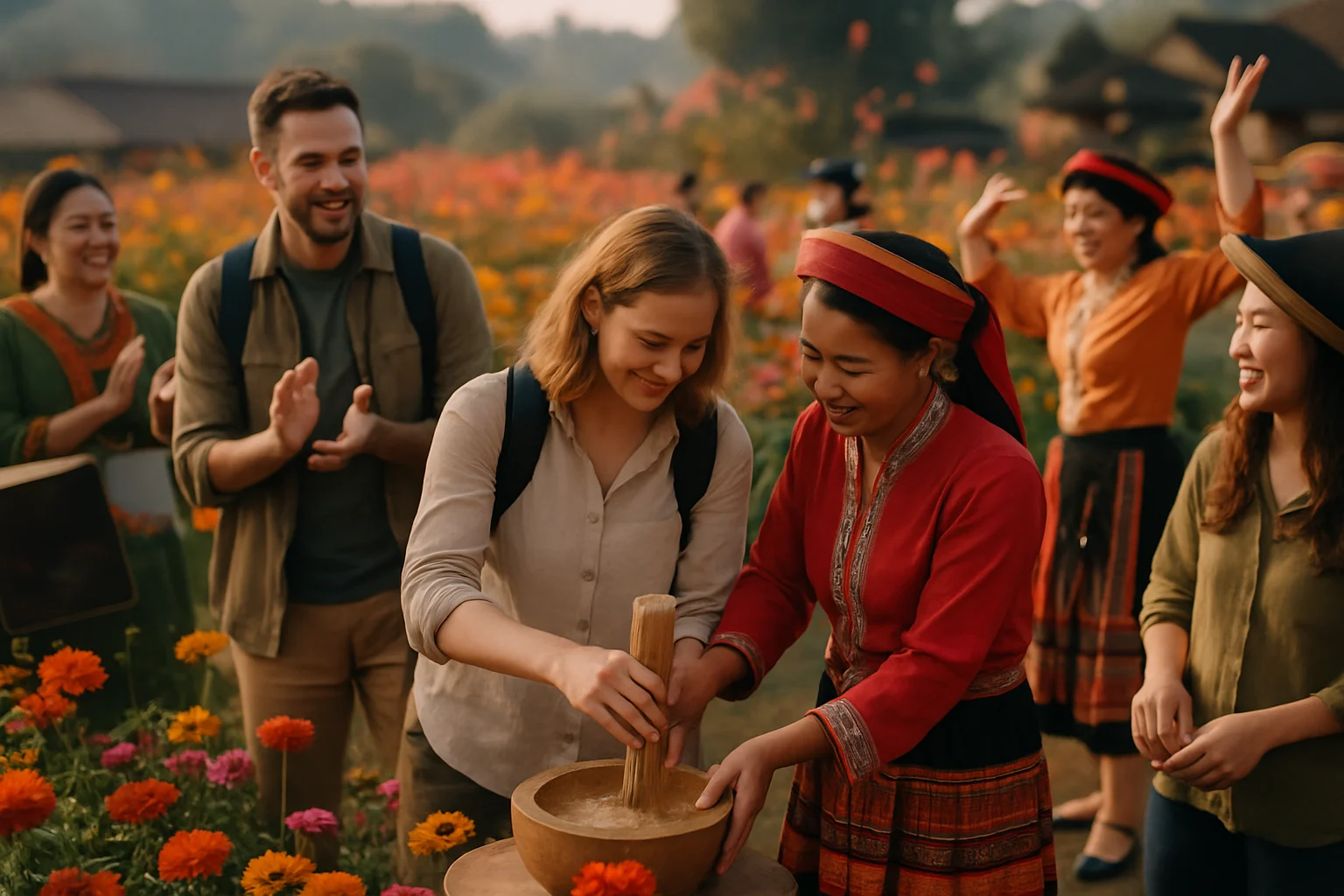 游客在花海中体验传统文化活动的温馨画面
