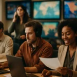 新聞編輯室記者正在電腦前查證資料和撰寫報導