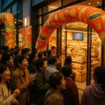 鸣鸣很忙零食王国长沙旗舰店开业当天门口排起长队的顾客人群