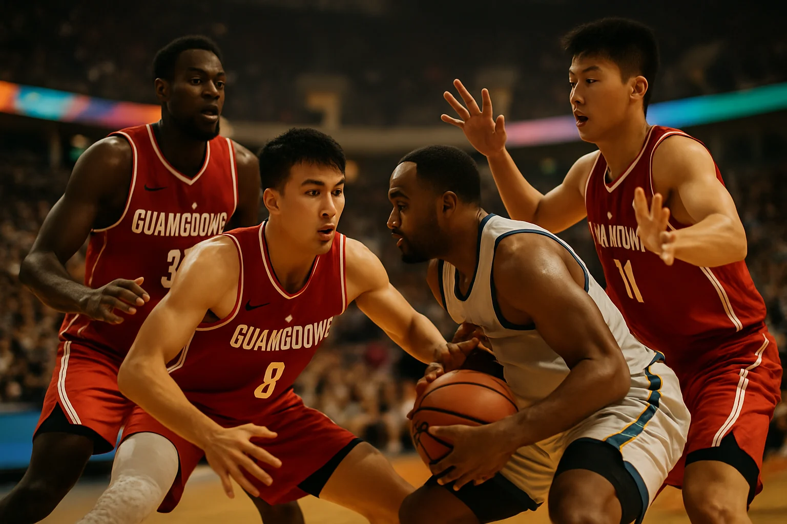 广东队球员进行防守时的紧逼画面