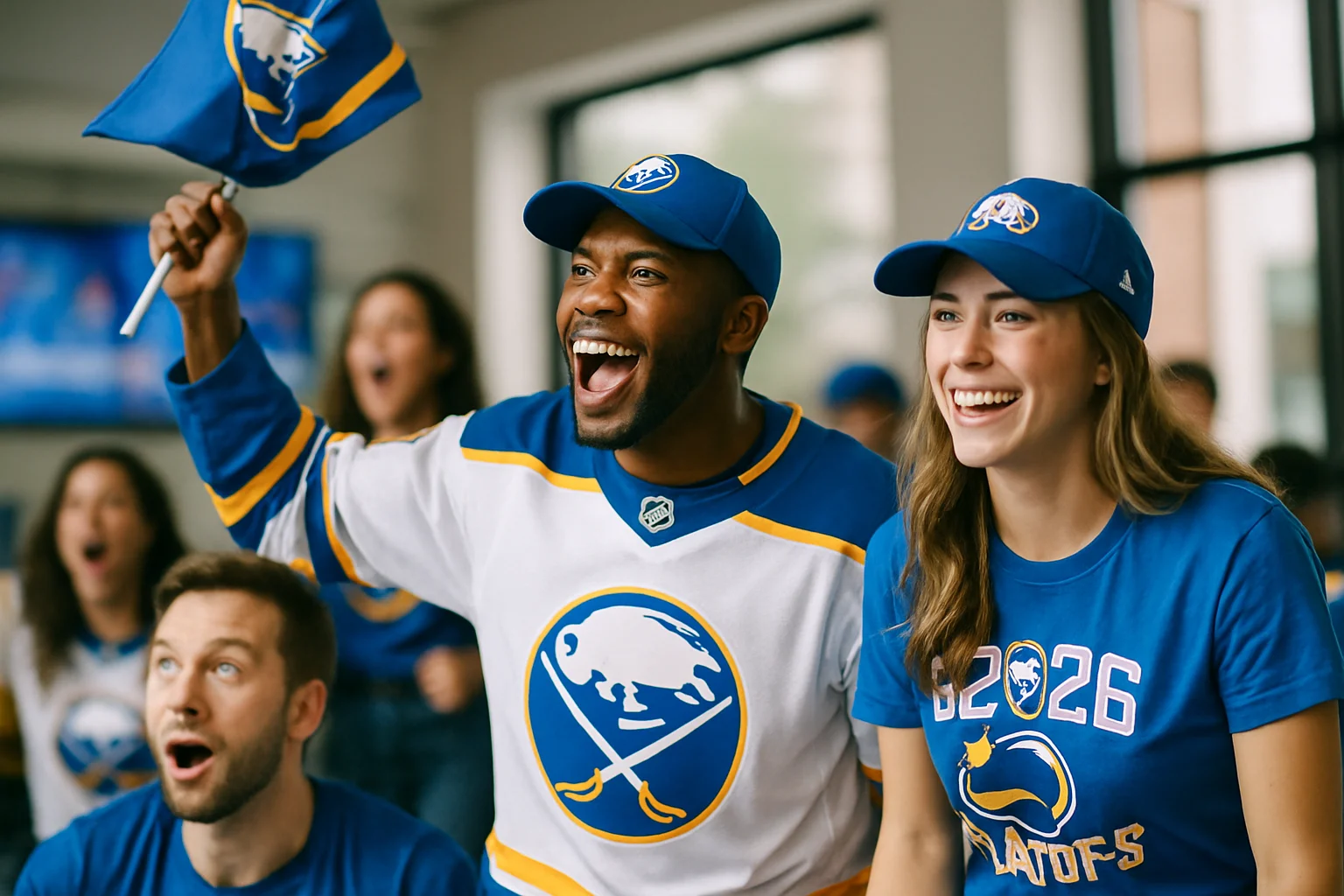 Buffalo Sabres players celebrating on ice during 2026 NHL playoff game at KeyBank Center