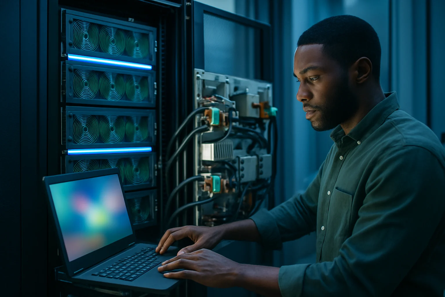 AI伺服器機架內部電源管理IC與電壓調節模組配置示意