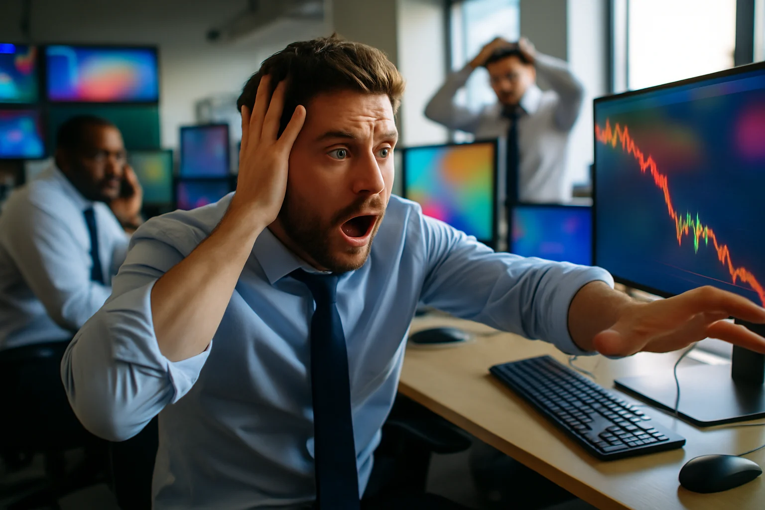 投資人盯著電腦螢幕看穩懋3105股票跌停板,融資斷頭壓力示意圖