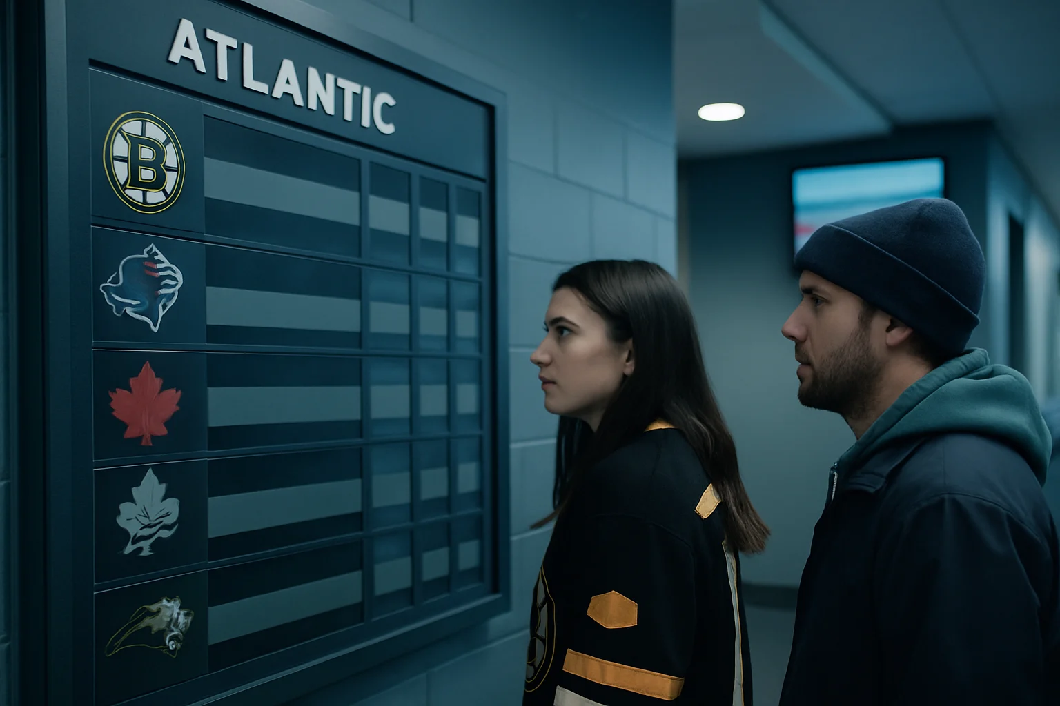 NHL Atlantic Division standings board showing Bruins in 4th place after victory over Blue Jackets