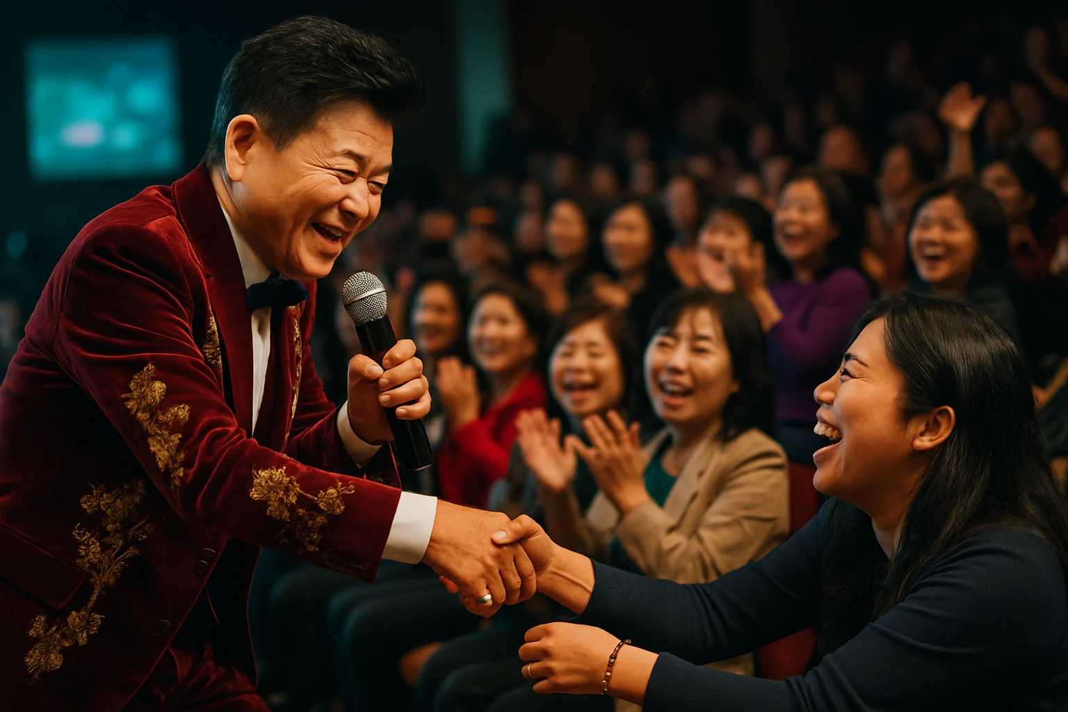 태진아 해외 교민 콘서트에서 관객들과 교감하는 공연 장면