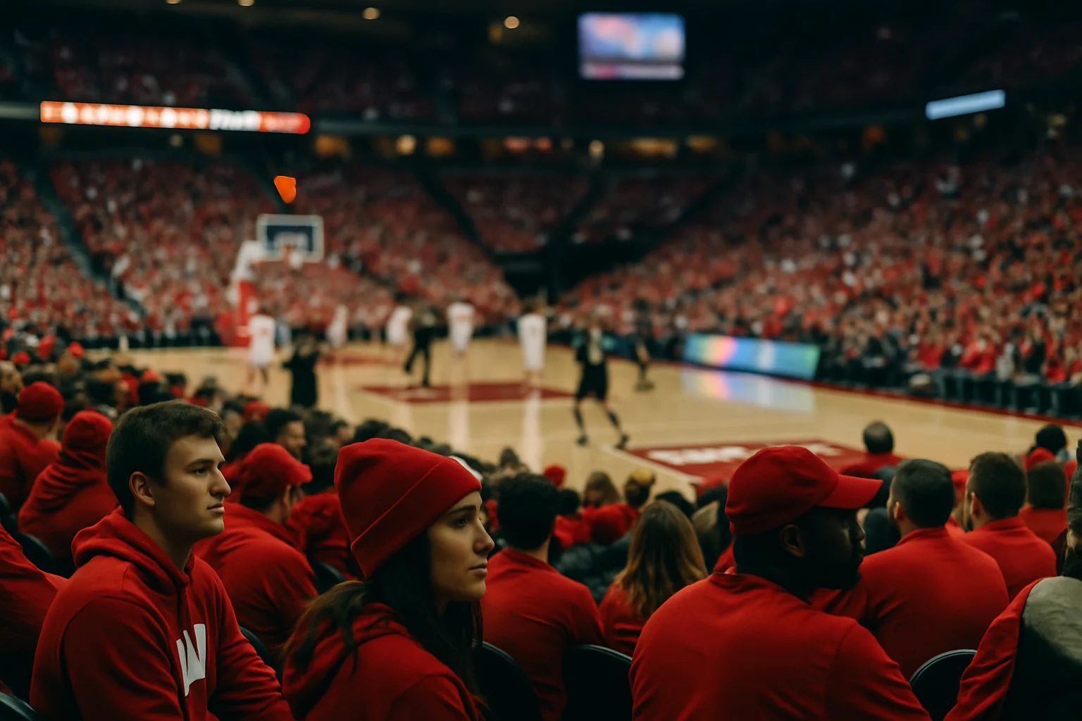 Packed Kohl Center arena during Wisconsin Badgers hockey game showing enthusiastic crowd of 15000 fans in red and white