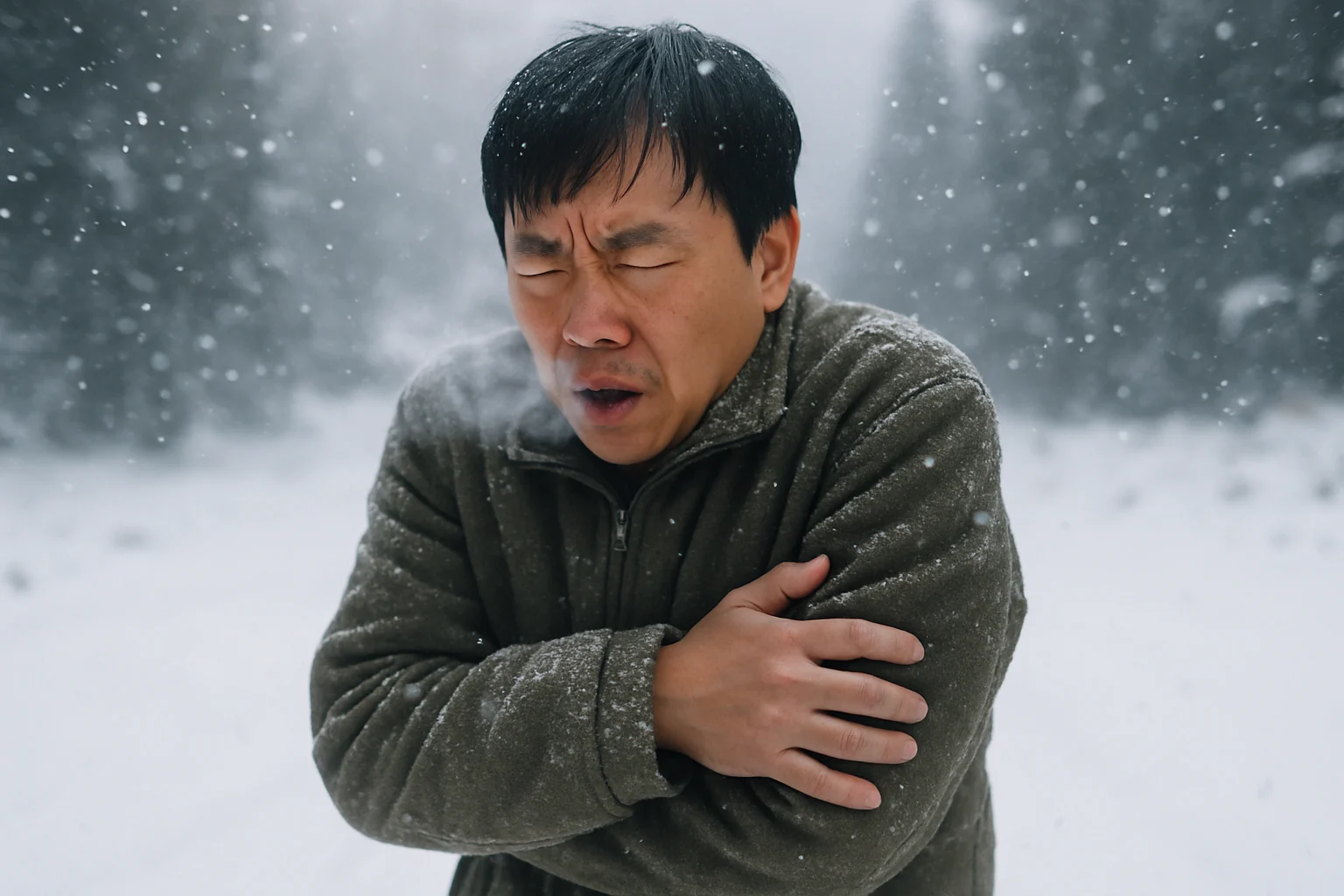 南方人在北方雪地里冻得瑟瑟发抖的对比场景