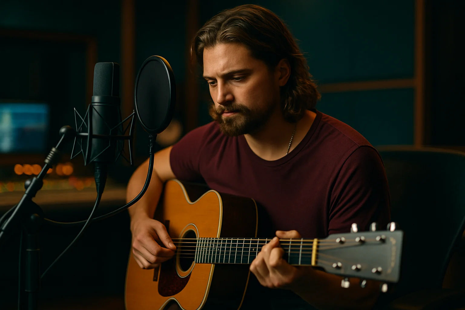 Luke Grimes in recording studio with guitar and microphone, focused on songwriting