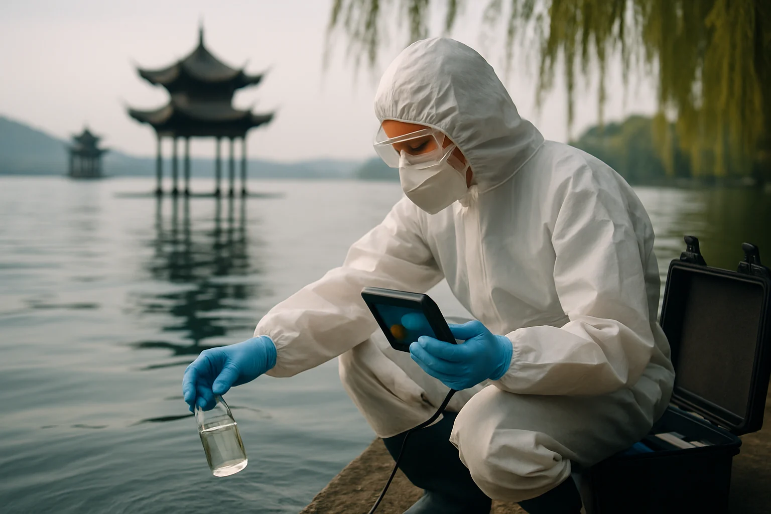 西湖水质检测人员正在采集水样进行化学分析