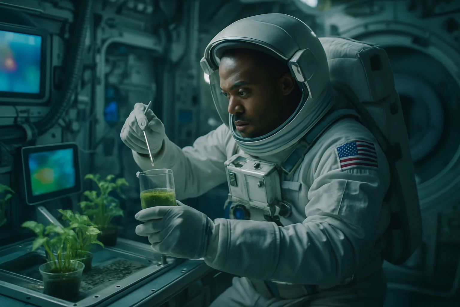 中国宇航员在天宫空间站内进行科学实验的工作场景