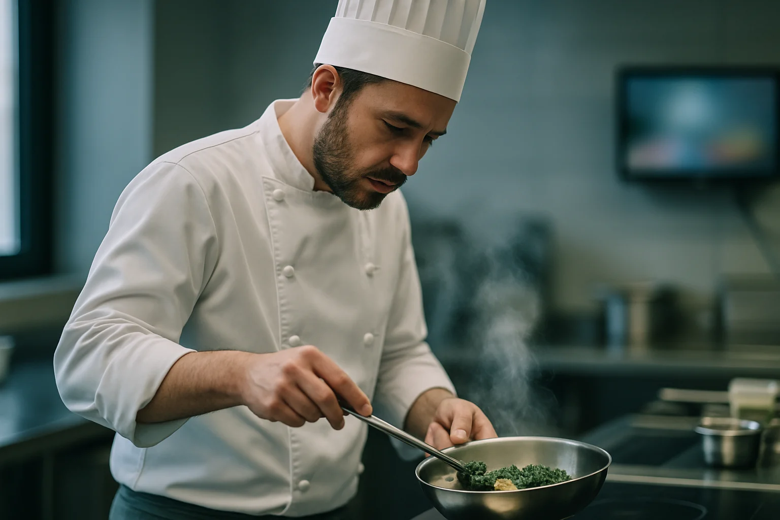 一位厨师正在用蒸锅蒸蔬菜,旁边摆放着新鲜的西兰花和胡萝卜